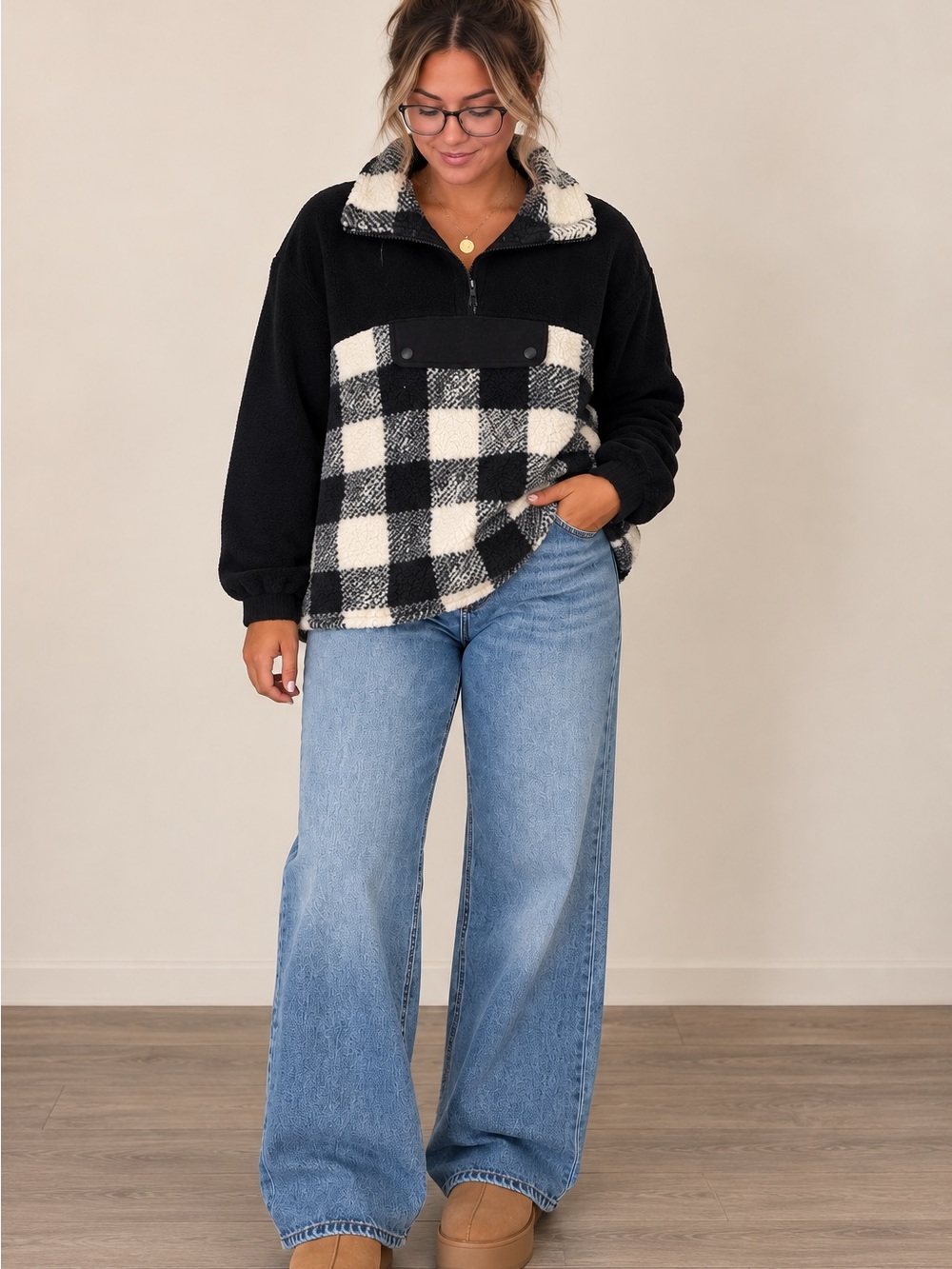 Pink Rose Black & Cream Plaid Sherpa Pullover Jacket